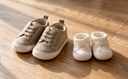 木目の床に並ぶ、少し大きめの子ども用の靴と新品の小さなベビーシューズ