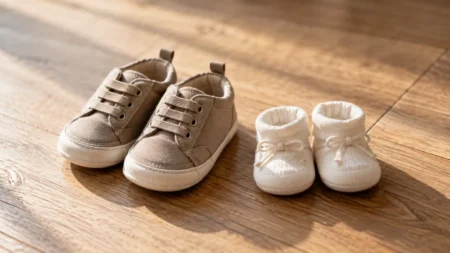 木目の床に並ぶ、少し大きめの子ども用の靴と新品の小さなベビーシューズ