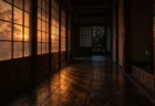 夕暮れの古い日本家屋の板張りの廊下。障子越しに橙色の光が差し込んでいる