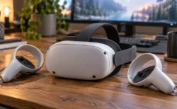 木製デスクに置かれたVRヘッドセットとコントローラー、背景にPCモニター