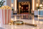 映画館のロビーに差し込む光とポップコーン、虫めがね