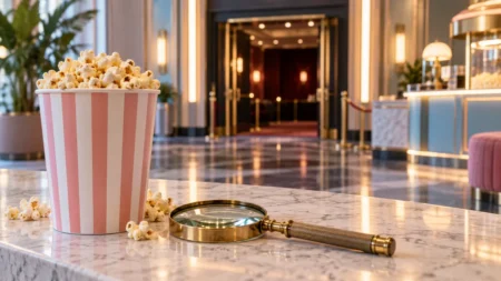 映画館のロビーに差し込む光とポップコーン、虫めがね
