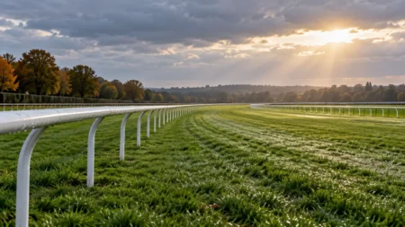 雨上がりの競馬場の芝コースとゴール板付近