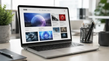 オフィスの明るい照明の下、ノートパソコンでニュースサイトを閲覧する様子
