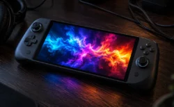 暗い部屋の机に置かれた携帯型ゲーム機の画面が光る様子