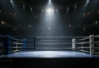 照明が落とされたアリーナの中央でスポットライトに浮かぶキックボクシングのリング