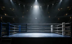 照明が落とされたアリーナの中央でスポットライトに浮かぶキックボクシングのリング