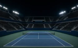 夜の大規模な硬式テニススタジアムのイメージ