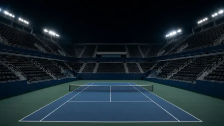 夜の大規模な硬式テニススタジアムのイメージ