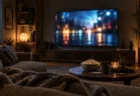 暗いリビングで大型テレビが光るホームシアター
