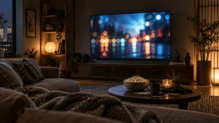 暗いリビングで大型テレビが光るホームシアター
