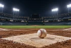 夜のスタジアムのホームベースに置かれた硬式ボール
