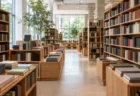 本棚が並ぶ明るい都会の書店内観