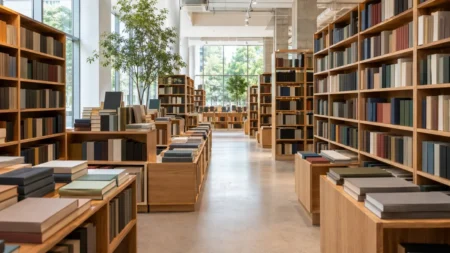 本棚が並ぶ明るい都会の書店内観