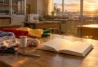 夕日が差す家庭科室の机に並ぶ裁縫道具と、光の粒が舞う開いた本
