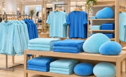 明るい衣料品店の売り場。青や水色のパーカー、Tシャツ、ブランケット、丸いクッションが並んでいる