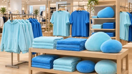 明るい衣料品店の売り場。青や水色のパーカー、Tシャツ、ブランケット、丸いクッションが並んでいる