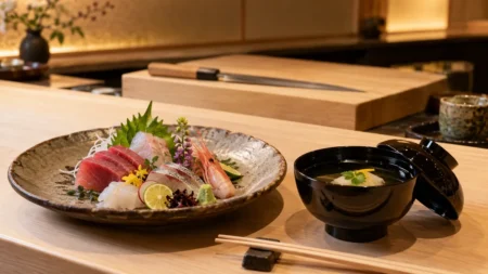 和食店のカウンターに並ぶ刺身の盛り合わせと椀物、奥に包丁とまな板