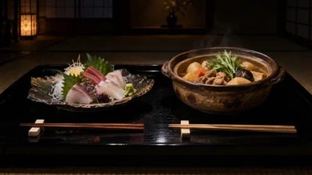黒い漆の膳に向かい合わせに置かれた刺身の盛り合わせと土鍋の煮物。暗い和室の柔らかな光