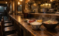深夜の大衆食堂のカウンター。湯気の立つ豚汁、白いご飯、赤いウインナー、卵焼きが並ぶ