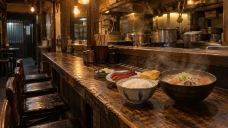 深夜の大衆食堂のカウンター。湯気の立つ豚汁、白いご飯、赤いウインナー、卵焼きが並ぶ