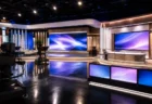 夜のゴールデンタイム放送をイメージしたテレビスタジオ、無人のカメラとモニター