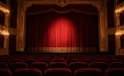 開演前の大劇場。赤い幕にスポットライトが当たり、手前に赤い客席が並ぶ