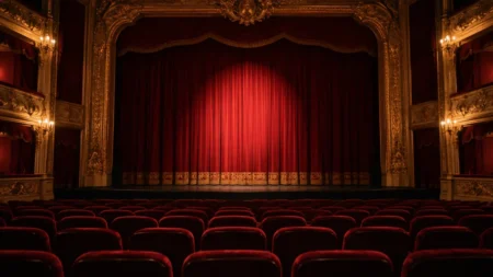 開演前の大劇場。赤い幕にスポットライトが当たり、手前に赤い客席が並ぶ