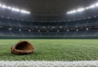 ドーム球場の外野の人工芝に置かれた野球のグラブ