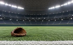 ドーム球場の外野の人工芝に置かれた野球のグラブ