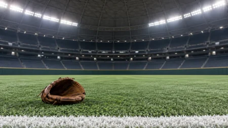 ドーム球場の外野の人工芝に置かれた野球のグラブ