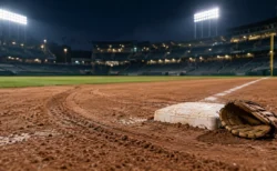 ナイター照明に照らされたプロ野球場の一塁ベース付近と、土に残るスライディングの跡