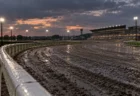 雨上がりの競馬場のダートコースと内ラチ