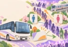 シャトルバス・電車・トイレ・混雑回避を表現したライブ会場アクセスのイラスト