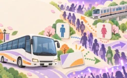 シャトルバス・電車・トイレ・混雑回避を表現したライブ会場アクセスのイラスト