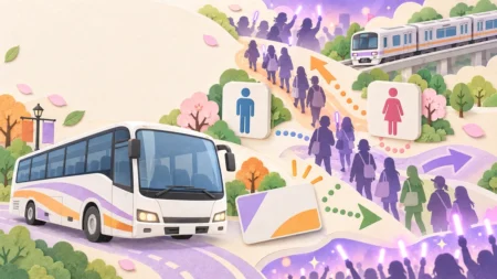 シャトルバス・電車・トイレ・混雑回避を表現したライブ会場アクセスのイラスト