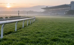 早朝の競馬場の芝コース。朝もやの中に白い内ラチが続いている