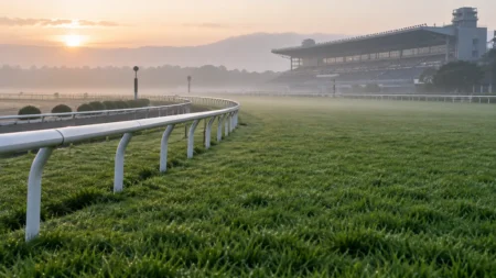 早朝の競馬場の芝コース。朝もやの中に白い内ラチが続いている