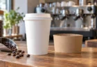 カフェのカウンターに置かれた無地の白い紙製テイクアウトカップと、コーヒー豆をすくう金属スクープ