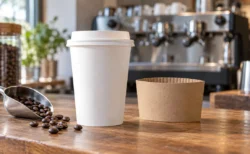 カフェのカウンターに置かれた無地の白い紙製テイクアウトカップと、コーヒー豆をすくう金属スクープ