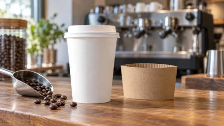 カフェのカウンターに置かれた無地の白い紙製テイクアウトカップと、コーヒー豆をすくう金属スクープ