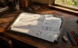 木製の年季が入ったアニメーター用デスクに絵コンテ用紙と色鉛筆が並ぶ様子