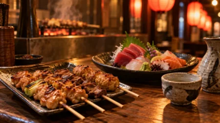 提灯の灯りと居酒屋のカウンターに並ぶ料理