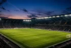 夕方のナイター照明に照らされたサッカースタジアムのピッチと観客席