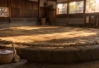 夕方の相撲部屋の稽古場。土俵の上に塩の入った籠と力水の柄杓が置かれている