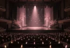 桜の花びらが舞い、淡いピンクのスポットライトが照らす無人のコンサートホールのステージ