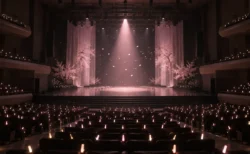 桜の花びらが舞い、淡いピンクのスポットライトが照らす無人のコンサートホールのステージ