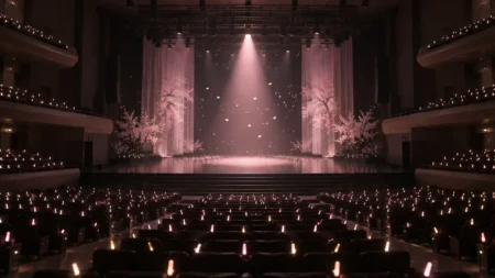 桜の花びらが舞い、淡いピンクのスポットライトが照らす無人のコンサートホールのステージ