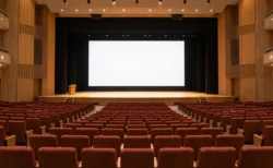 大きなスクリーンが設置された無人の市民ホールの客席