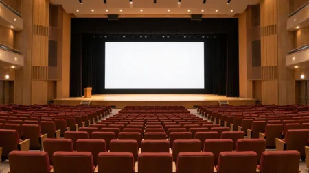 大きなスクリーンが設置された無人の市民ホールの客席